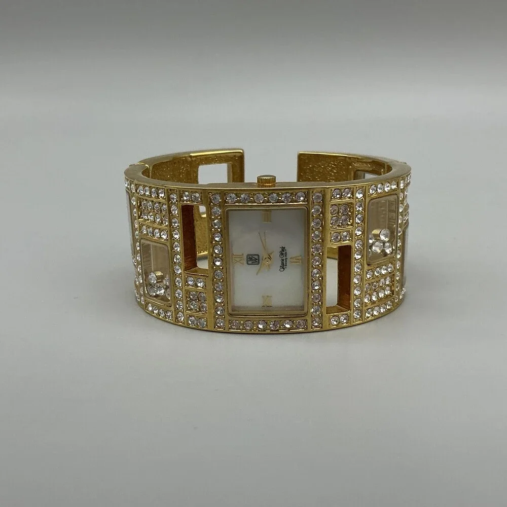 Victoria Wieck Womens Watch 27mm Gold Tone Floating Crystals Cuff New Battery
